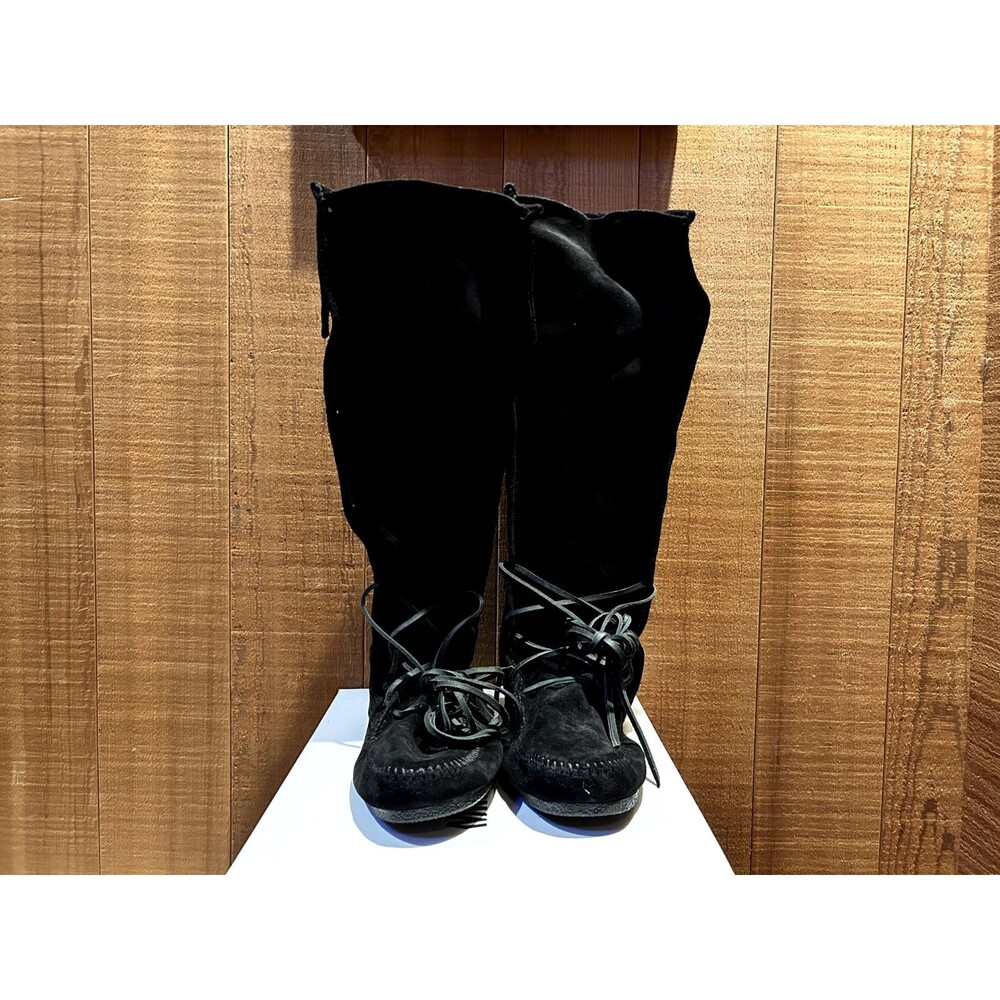 Minnetonka 1929 Men's Boots Size US 9 Front Lace Knee High Boot Black Suede